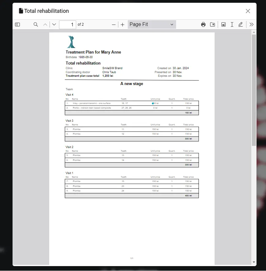 Planul de tratament stomatologic SmileSIM printat pdf pe vizite si etape